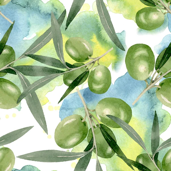 Gałązka oliwna z czarnym i zielonym owocem. Akwarela zestaw ilustracji tła. Płynny wzór tła. — Zdjęcie stockowe