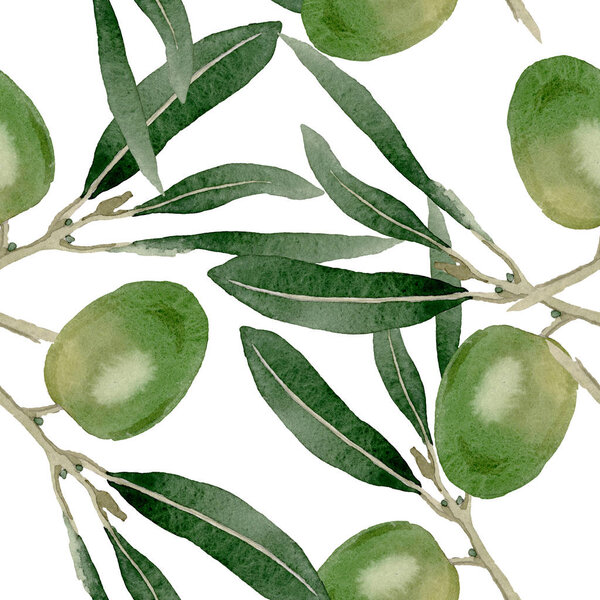 Olive branch with black and green fruit. Watercolor background illustration set. Seamless background pattern.