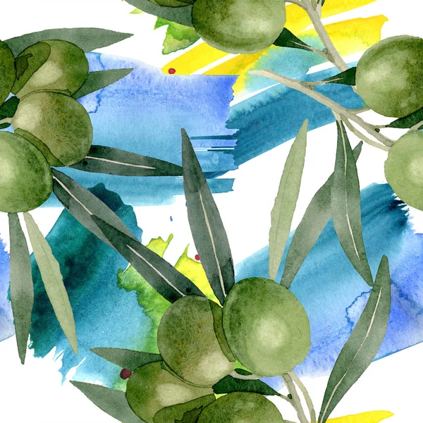 Cabang zaitun dengan buah hitam dan hijau. Set ilustrasi latar belakang cat air. Pola latar belakang mulus . — Stok Foto