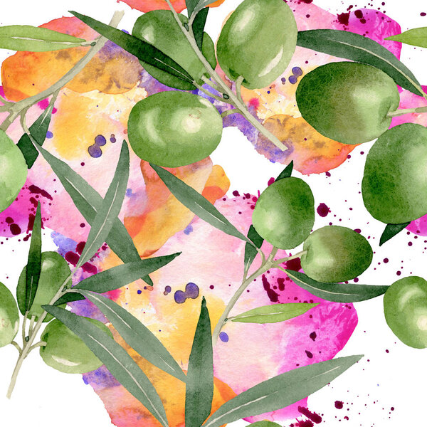 Olive branch with black and green fruit. Watercolor background illustration set. Seamless background pattern.