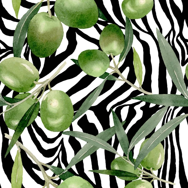 Olijftak met zwart en groen fruit. Aquarel achtergrond illustratie instellen. Naadloos achtergrond patroon. — Stockfoto