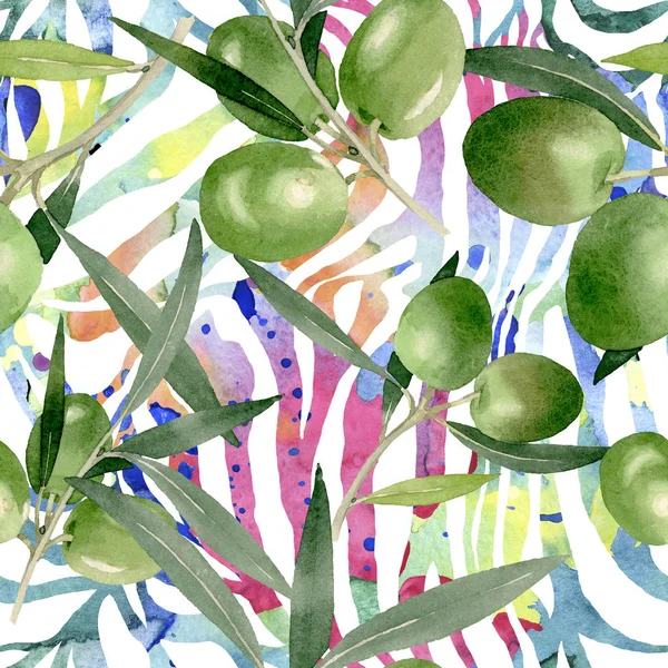 Olive branch with black and green fruit. Watercolor background illustration set. Seamless background pattern. — Stock Photo, Image