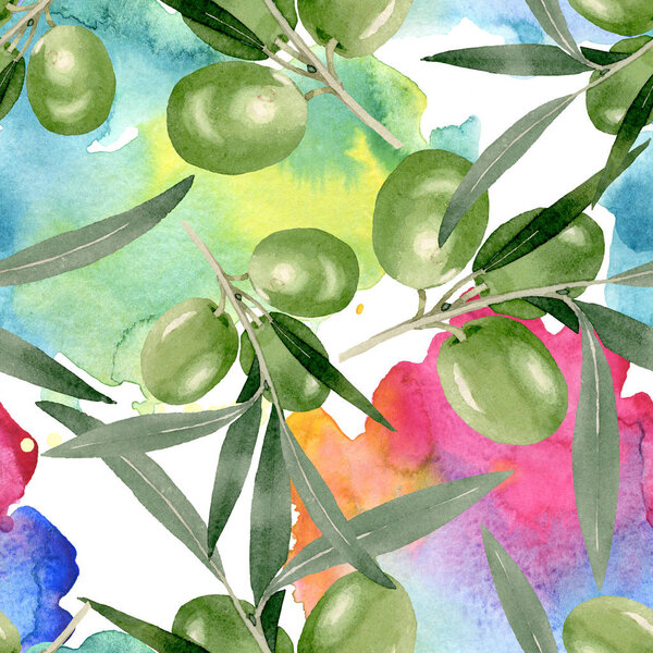 Оливковая ветвь с черными и зелеными фруктами. Набор акварельных фонов. Бесшовный рисунок фона
.