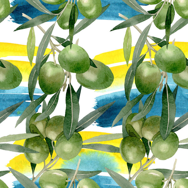 Olive branch with black and green fruit. Watercolor background illustration set. Seamless background pattern.