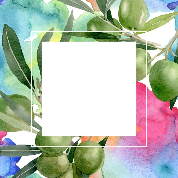 Olijftak met zwart en groen fruit. Aquarel achtergrond illustratie instellen. Frame rand ornament vierkant. — Stockfoto