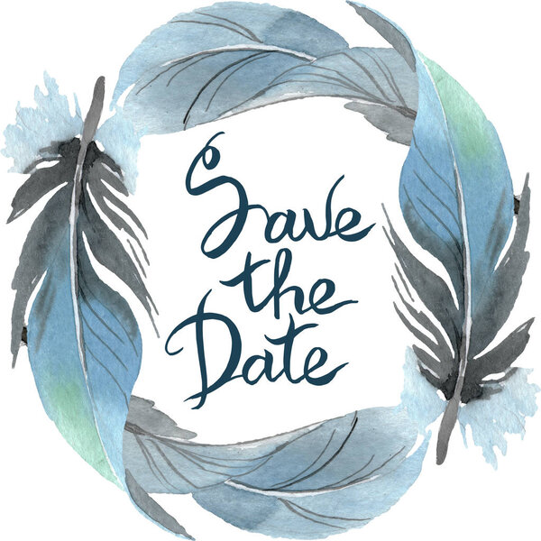 Птичье перо из крыла изолировано. Набор акварельных фонов. Граничный орнамент
.