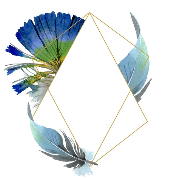 Vogelfeder vom Flügel isoliert. Aquarell Hintergrundillustration Set. Rahmen Rand Ornament Quadrat. — Stockfoto