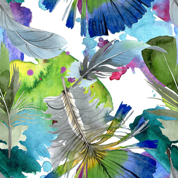 Bird feather from wing isolated. Watercolor background illustration set. Seamless background pattern.