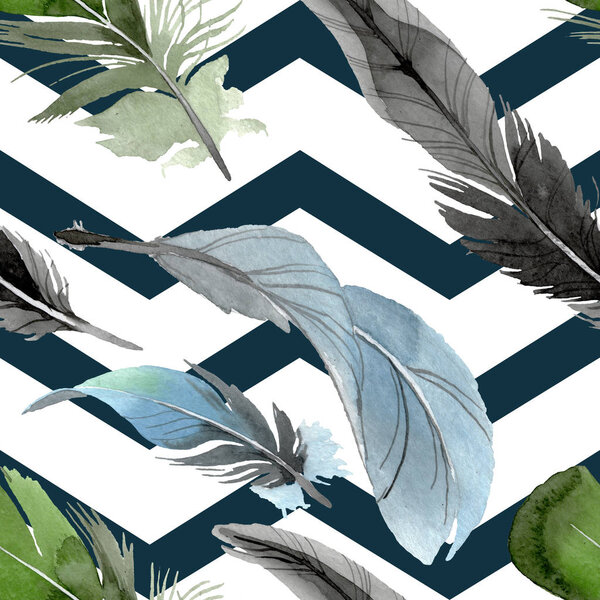 Bird feather from wing isolated. Watercolor background illustration set. Seamless background pattern.
