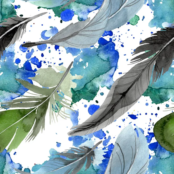 Fågel fjäder från vinge isolerad. Akvarell bakgrund illustration uppsättning. Sömlöst bakgrundsmönster. — Stockfoto