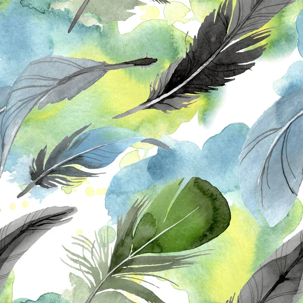 Bird feather from wing isolated. Watercolor background illustration set. Seamless background pattern. — Stock Photo, Image