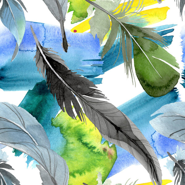 Bird feather from wing isolated. Watercolor background illustration set. Seamless background pattern.