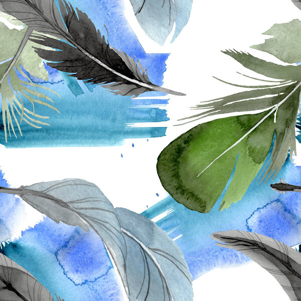 Bird feather from wing isolated. Watercolor background illustration set. Seamless background pattern.