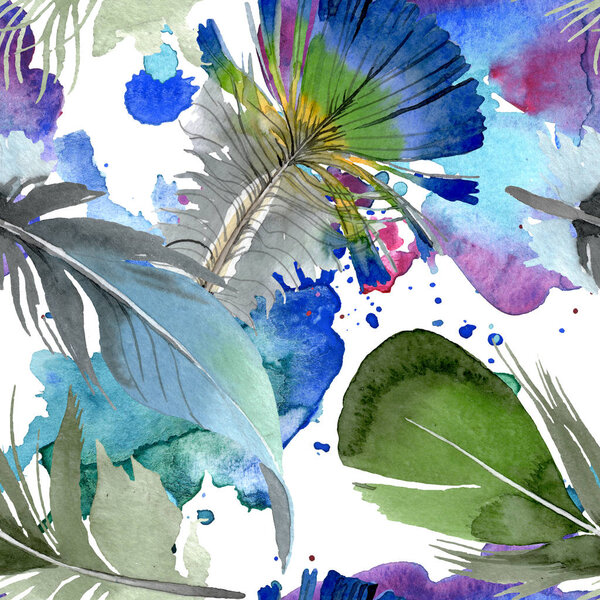 Bird feather from wing isolated. Watercolor background illustration set. Seamless background pattern.