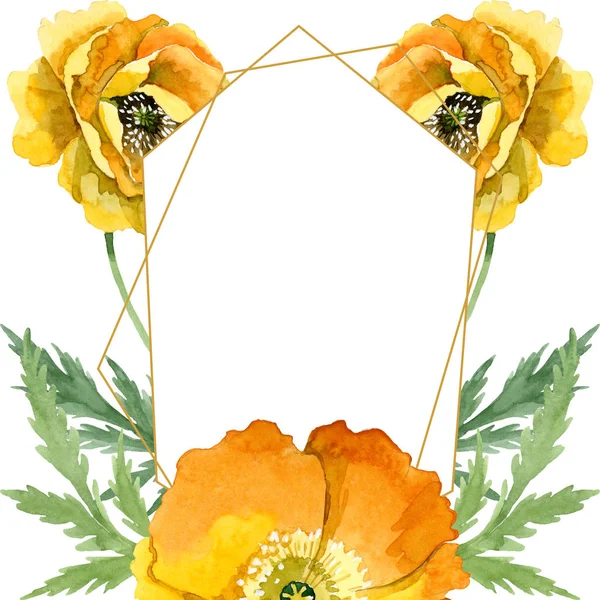 Yellow poppy floral botanical flowers. Watercolor background illustration set. Frame border ornament square.