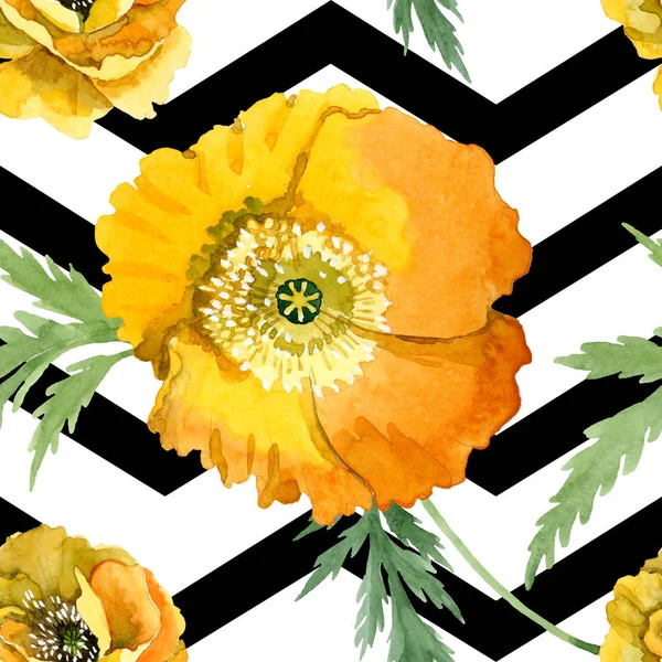 Fiori botanici floreali di papavero giallo. Acquerello sfondo illustrazione set. Modello di sfondo senza soluzione di continuità . — Foto Stock