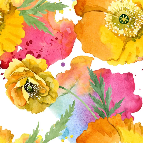 Fleurs botaniques florales de pavot jaune. Ensemble d'illustration de fond aquarelle. Modèle de fond sans couture . — Photo