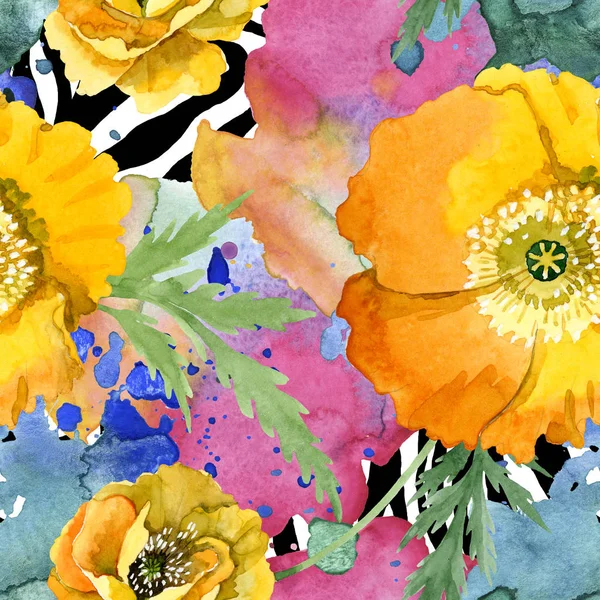 Yellow poppy floral botanical flowers. Watercolor background illustration set. Seamless background pattern. — Stock Photo, Image