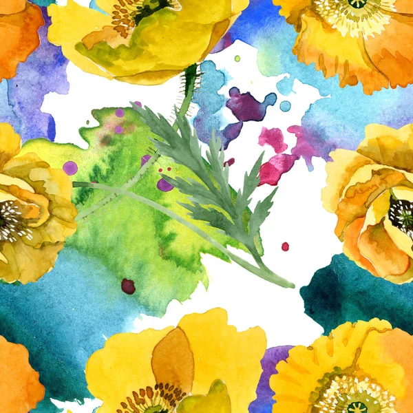 Żółty MAK kwiatowy kwiatów botanicznych. Akwarela zestaw ilustracji tła. Płynny wzór tła. — Zdjęcie stockowe