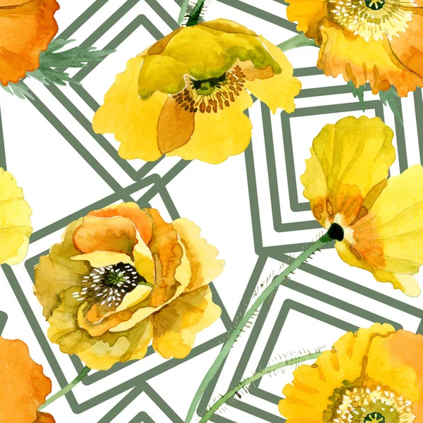 Fiori botanici floreali di papavero giallo. Acquerello sfondo illustrazione set. Modello di sfondo senza soluzione di continuità . — Foto Stock