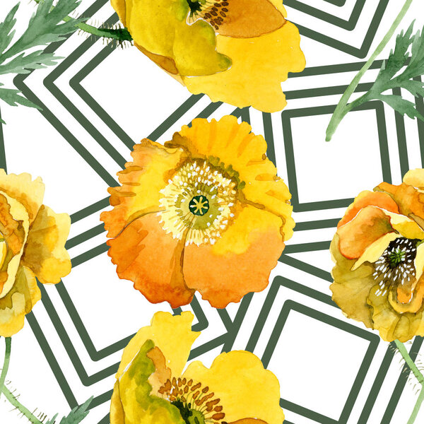 Yellow poppy floral botanical flowers. Watercolor background illustration set. Seamless background pattern.