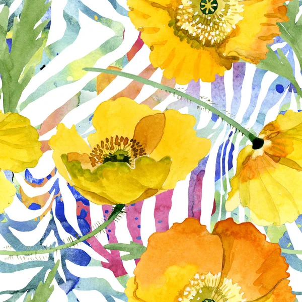 Yellow poppy floral botanical flowers. Watercolor background illustration set. Seamless background pattern. — Stock Photo, Image