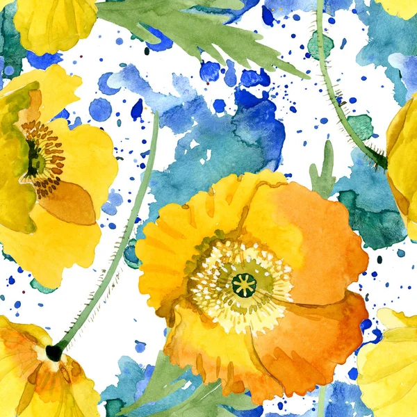 Gele Poppy Floral botanische bloemen. Aquarel achtergrond illustratie instellen. Naadloos achtergrond patroon. — Stockfoto