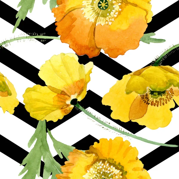 黄色のケシの花の植物の花。●水彩背景イラストセット。シームレスな背景パターン. — ストック写真