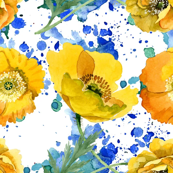 Flori florale florale de mac galben. Set de ilustrații de fundal acuarelă. Model de fundal fără sudură . — Fotografie, imagine de stoc