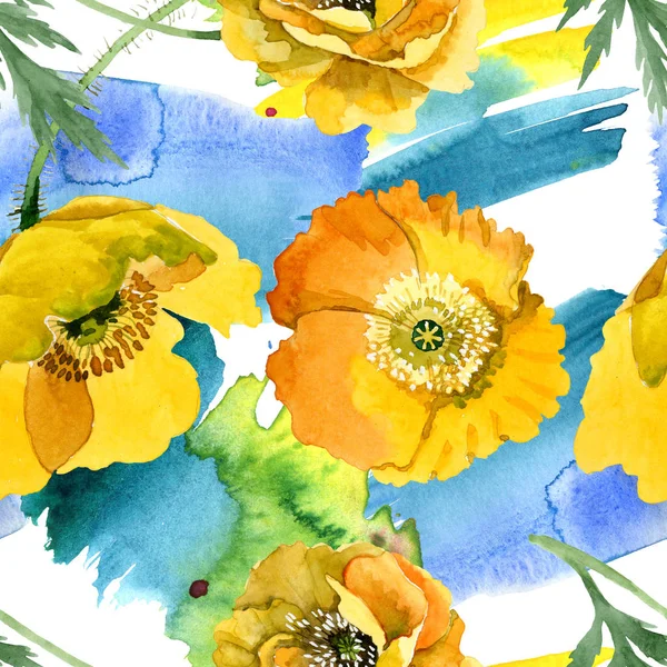 Flores botánicas florales de amapola amarilla. Conjunto de ilustración de fondo acuarela. Patrón de fondo sin costuras . —  Fotos de Stock