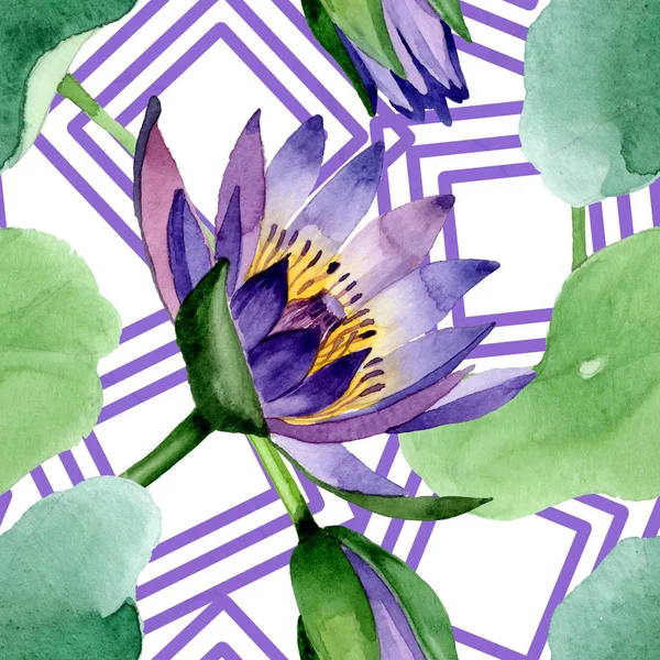 Blå Lotus blommiga botaniska blommor. Akvarell bakgrund illustration uppsättning. Sömlöst bakgrundsmönster. — Stockfoto