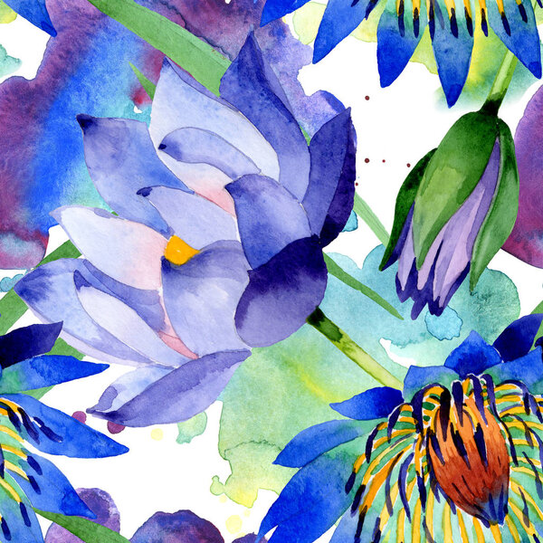 Blue lotus floral botanical flowers. Watercolor background illustration set. Seamless background pattern.