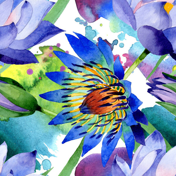 Blue lotus floral botanical flowers. Watercolor background illustration set. Seamless background pattern.