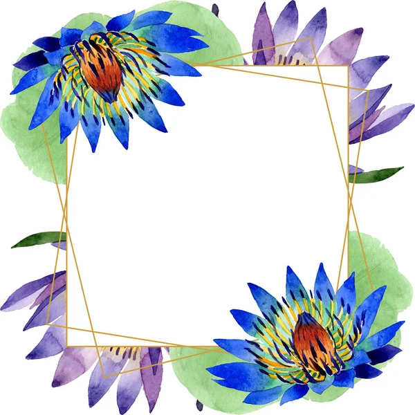 Blauwe lotusbloemen botanische bloemen. Aquarel achtergrond illustratie instellen. Frame rand ornament vierkant. — Stockfoto