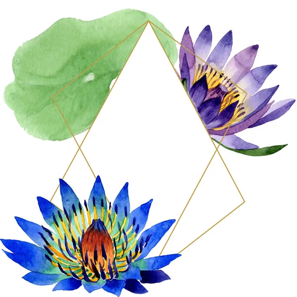 Blue lotus floral botanical flowers. Watercolor background illustration set. Frame border ornament square. — Stock Photo, Image