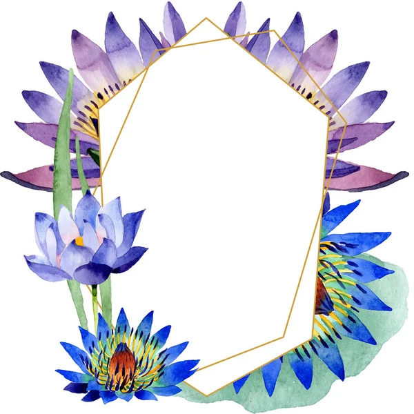 Niebieski Lotos kwiatowy kwiatów botanicznych. Akwarela zestaw ilustracji tła. Obramowanie ramy ornament kwadrat. — Zdjęcie stockowe