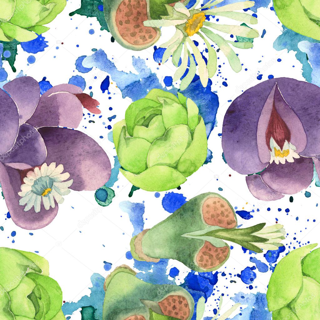 Succulent floral botanical flower. Wild spring leaf wildflower. Watercolor illustration set. Watercolour drawing fashion aquarelle. Seamless background pattern. Fabric wallpaper print texture.