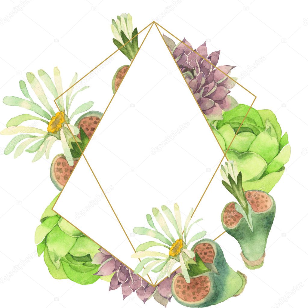 Succulent floral botanical flower. Wild spring leaf wildflower isolated. Watercolor background illustration set. Watercolour drawing fashion aquarelle. Frame border crystal ornament square.