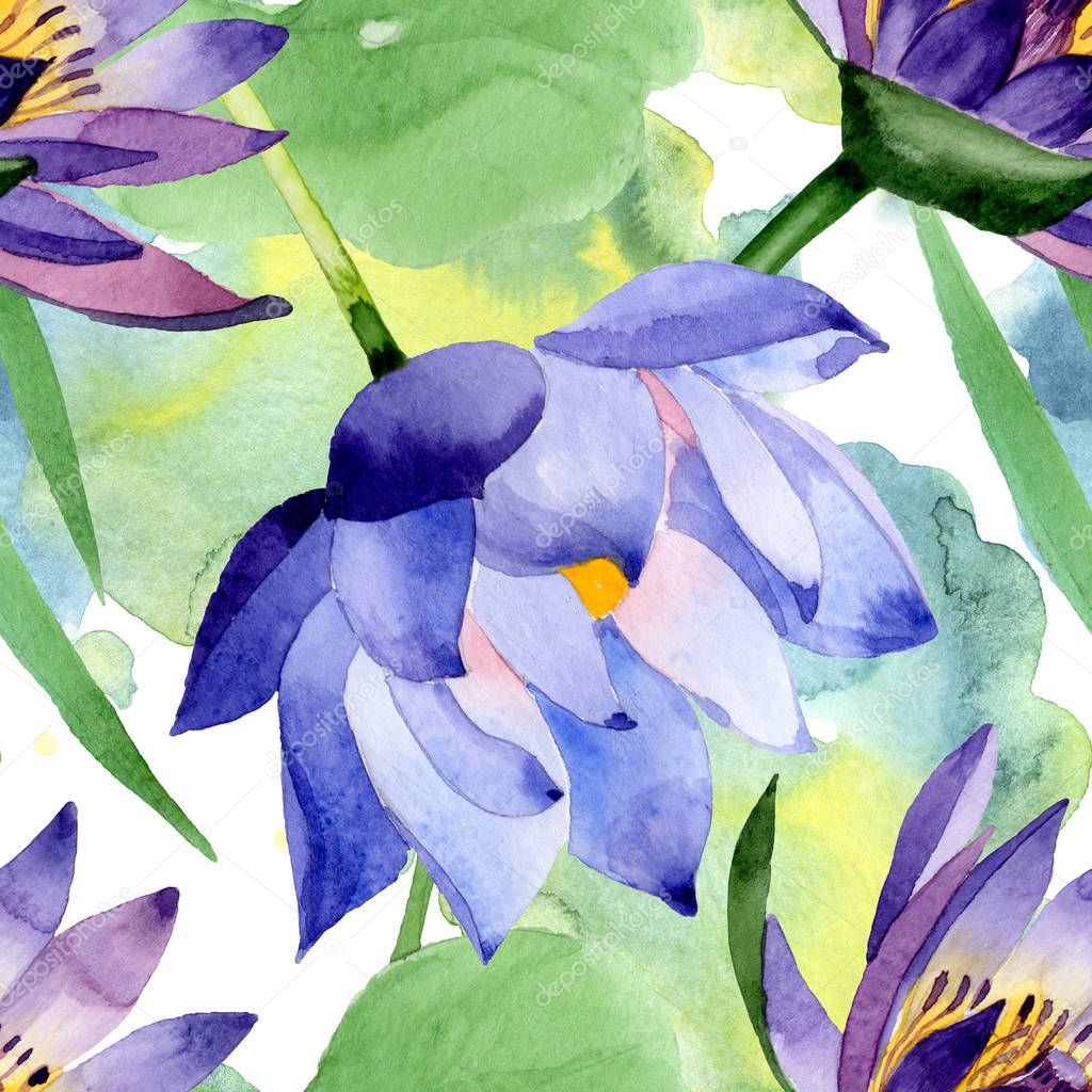 Blue lotus floral botanical flowers. Watercolor background illustration set. Seamless background pattern.
