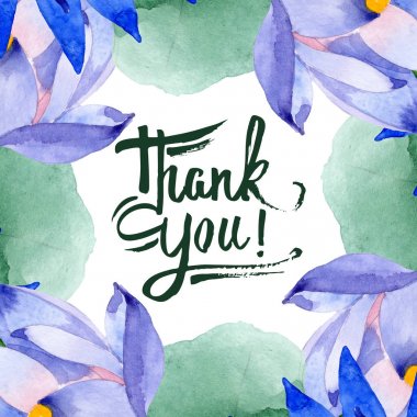 Mavi lotus çiçek botanik çiçekler. Suluboya arka plan illüstrasyon seti. Çerçeve kenarlık süs karesi.