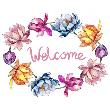 Lotus çiçek botanik çiçekler. Suluboya arka plan illüstrasyon seti. Çerçeve kenarlık süs karesi.