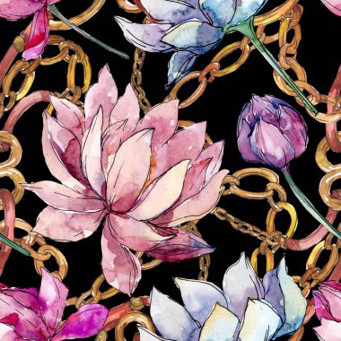 Lotus çiçek botanik çiçekler. Suluboya arka plan illüstrasyon seti. Kesintisiz arka plan deseni.