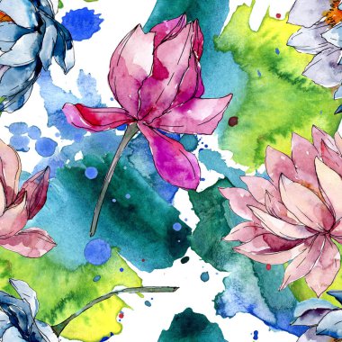 Lotus çiçek botanik çiçekler. Suluboya arka plan illüstrasyon seti. Kesintisiz arka plan deseni.