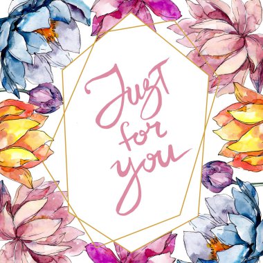 Lotus çiçek botanik floweras. Suluboya arka plan illüstrasyon seti. Çerçeve kenarlık süs karesi.