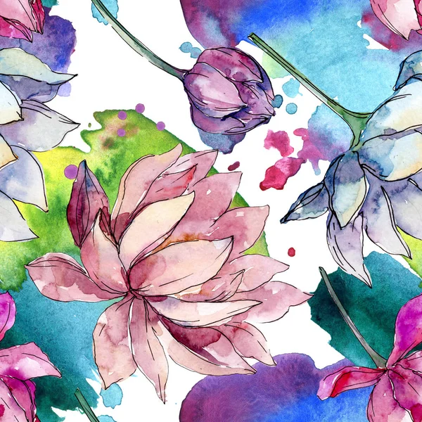 蓮の花の植物の花。●水彩背景イラストセット。シームレスな背景パターン. — ストック写真