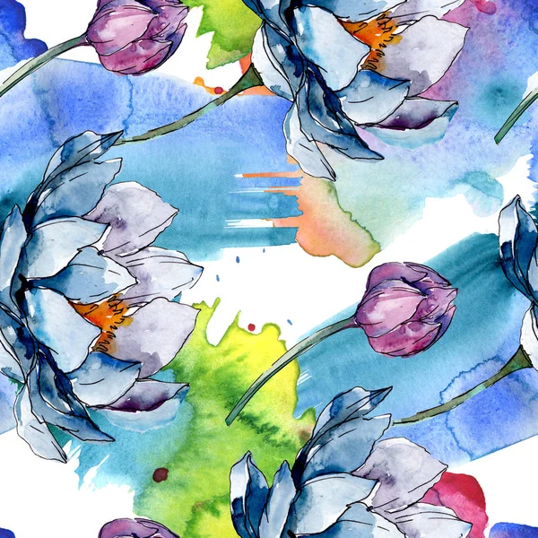 Lotusblüten, botanische Blumen. Aquarell Hintergrundillustration Set. nahtloses Hintergrundmuster. — Stockfoto