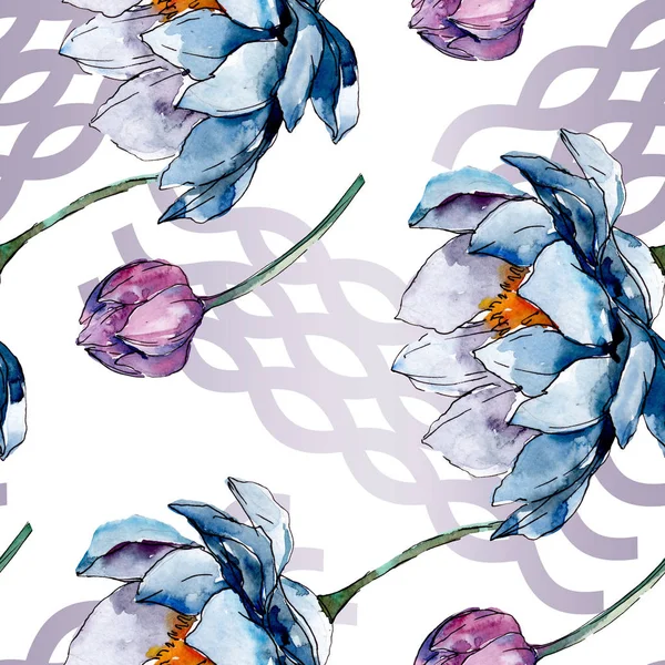 Lotusblüten, botanische Blumen. Aquarell Hintergrundillustration Set. nahtloses Hintergrundmuster. — Stockfoto