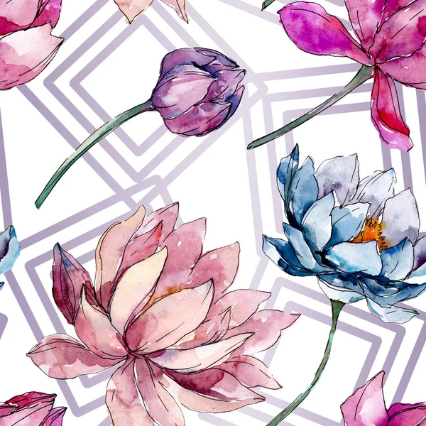 Lotus floral botanical flowers. Watercolor background illustration set. Seamless background pattern. — Stock Photo, Image