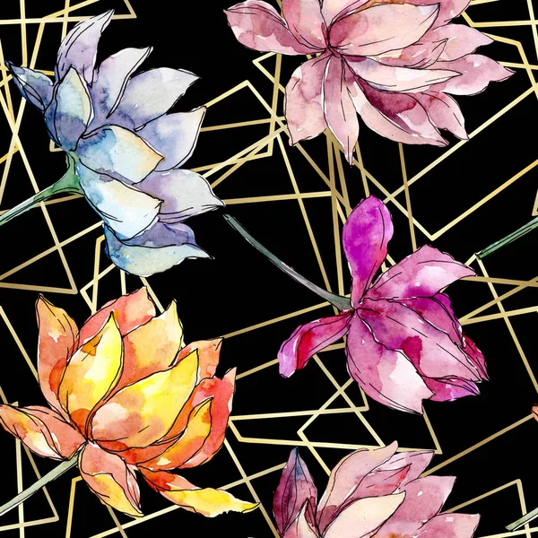 Lotus floral botanical flowers. Watercolor background illustration set. Seamless background pattern. — Stock Photo, Image