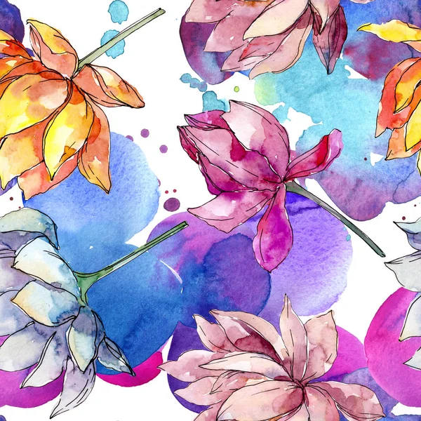 Lotus bloemen botanische bloemen. Aquarel achtergrond illustratie instellen. Naadloos achtergrond patroon. — Stockfoto